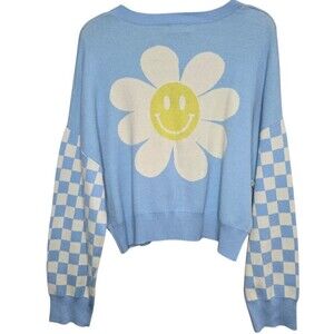 Originality Blue Checkered Sleeve Cardigan With Daisy On Back